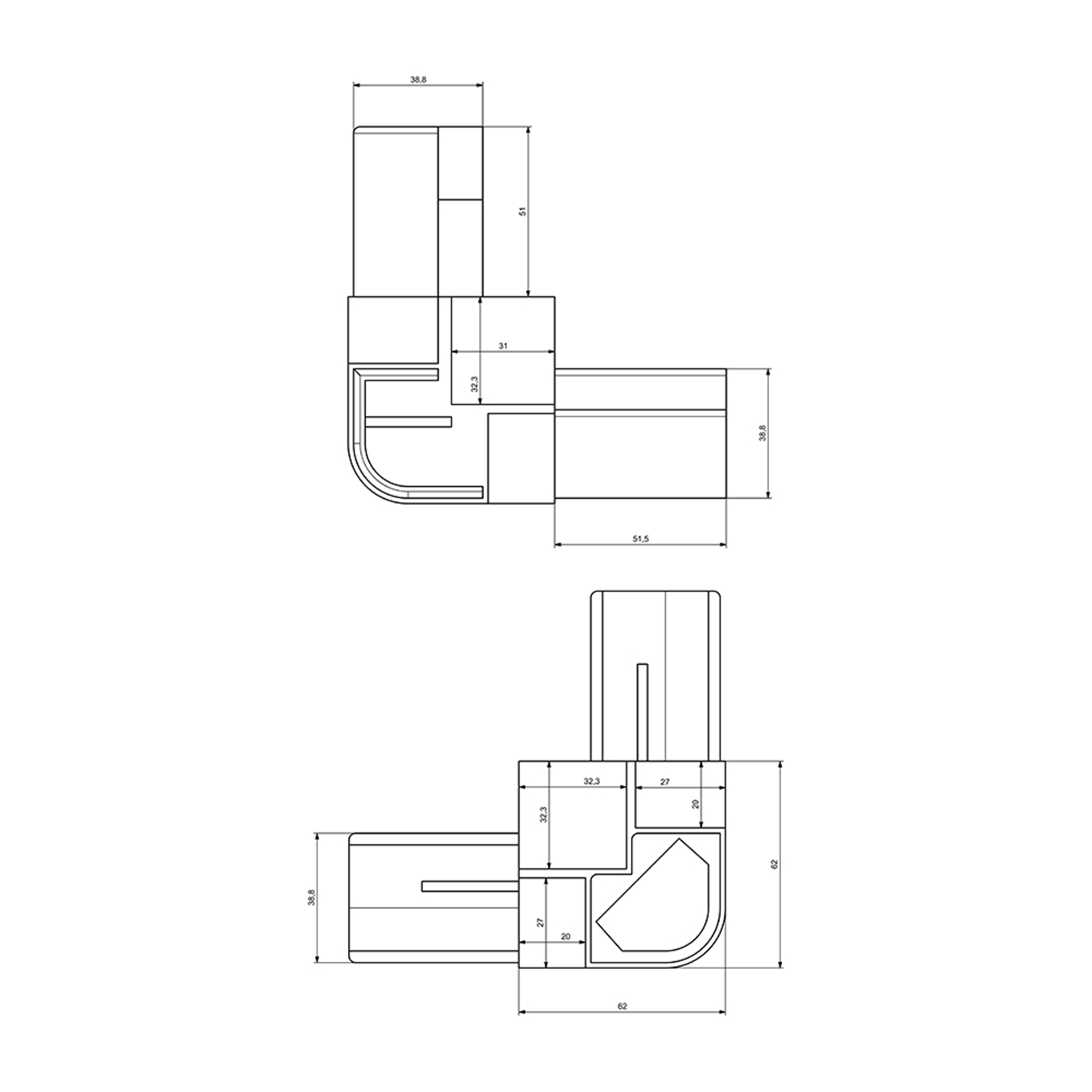 A0002 - 40-25 mm Radius Angled Aluminum Corner