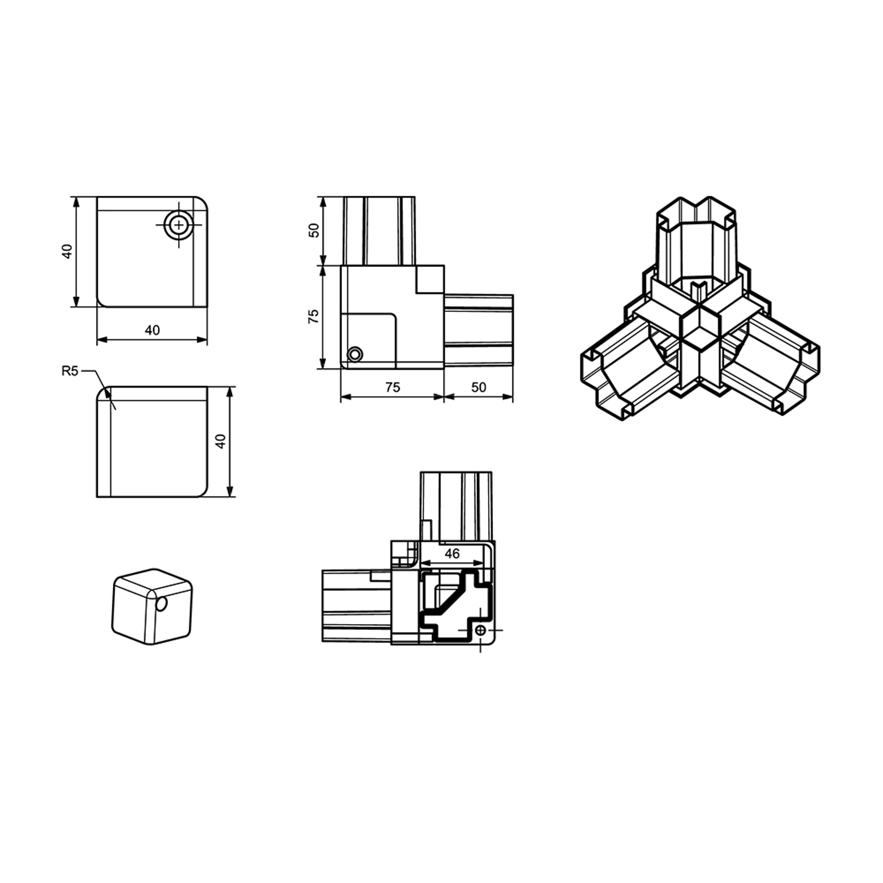 P0015 - 55-45 mm Plastic Corner w/Screw