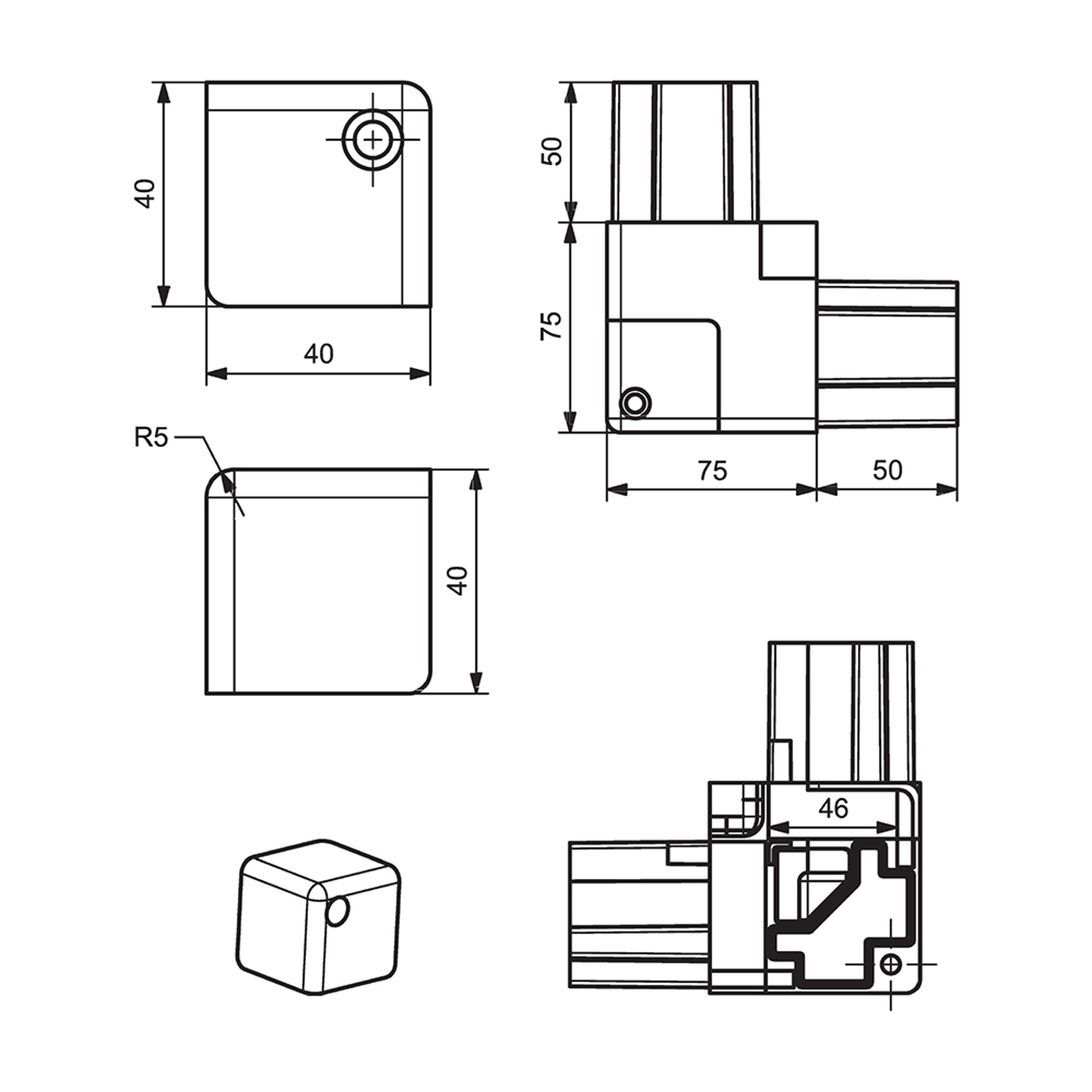 P0016 - 55-45 mm Screwed Plastic Corner w/Screw (Oval)